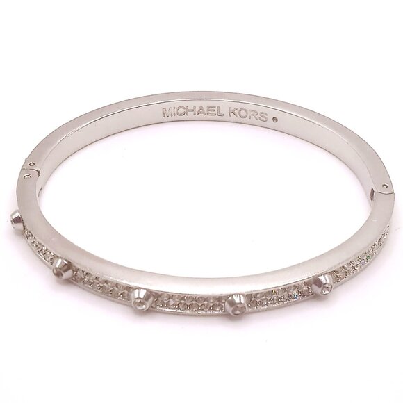 Michael Kors Bracelet Silver Tone Crystal Embellished Hinged Cuff Bangle 6 3/4" - Picture 1 of 12
